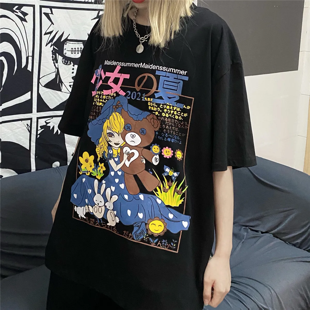 

Summer Korean hip-hop personality cartoon letter printing all-match loose short-sleeved T-shirt