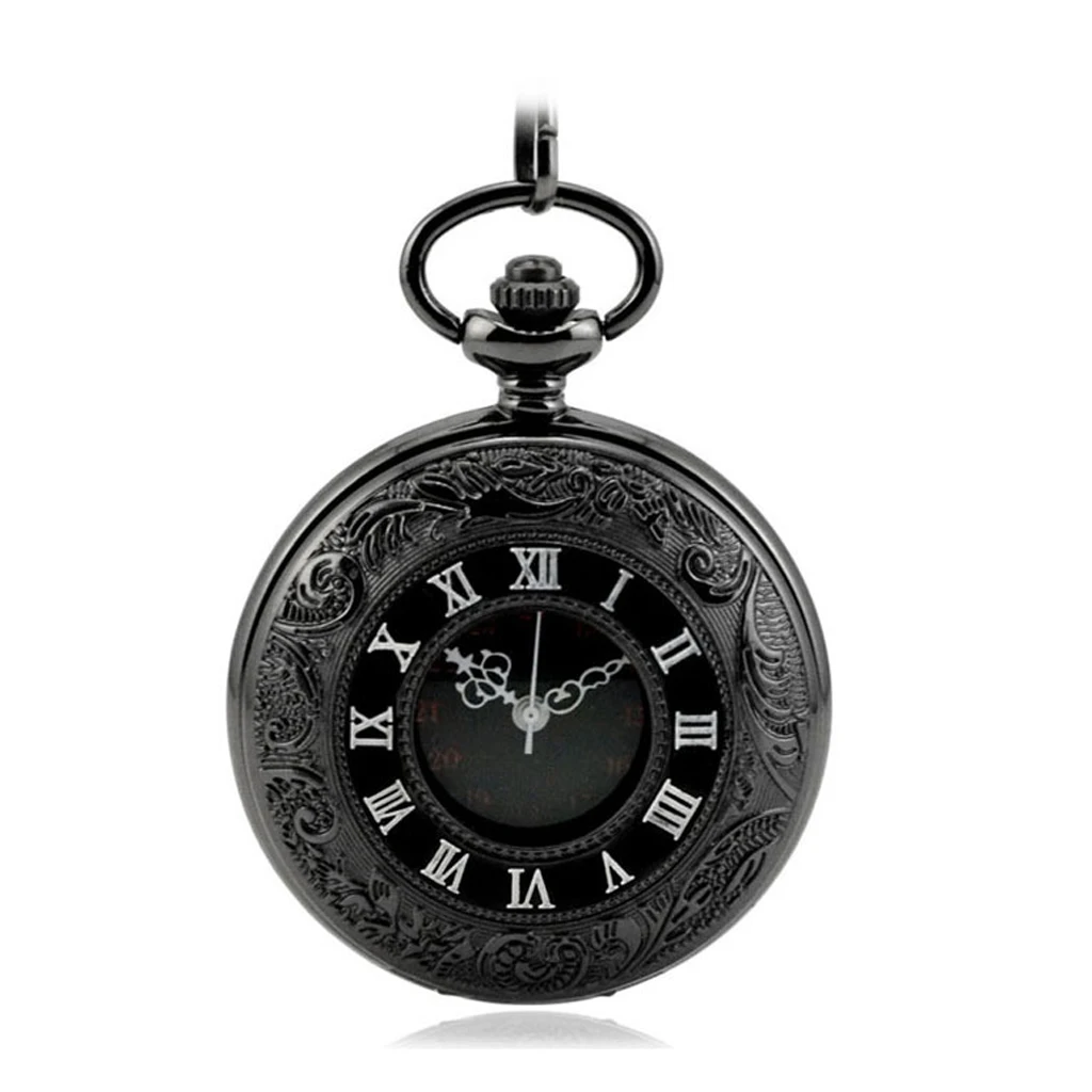 

Unisex Retro Classic Quartz Pocket Watch Necklace Chain Roman Numerals Black