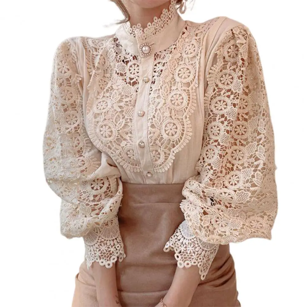 

Women Shirt 2021 Summer Casual Lace Hollow Out Summer Stand Collar Petal Sleeve Blouse for Dating