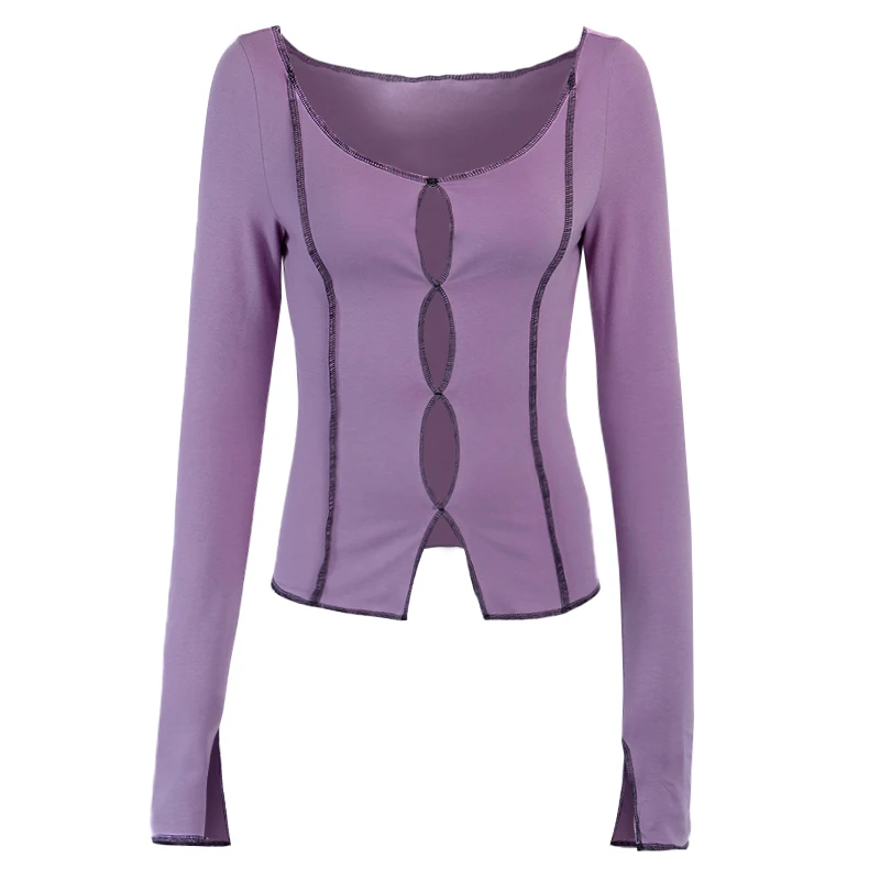 

InsGoth Y2K Goth Sexy Purple T Shirt Women Streetwear Hollow Out Long Sleeve T-shirt Harajuku Punk Bodycon Stitch Basic Tops
