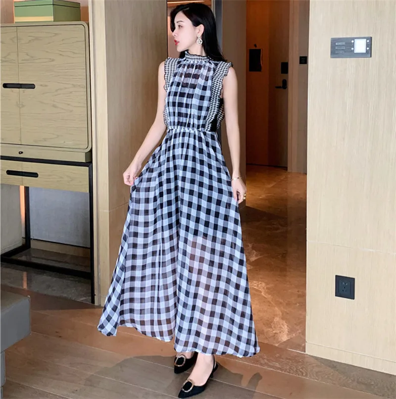Женское платье-Автопортрет в клетку длинное черно-белое платье макси с
