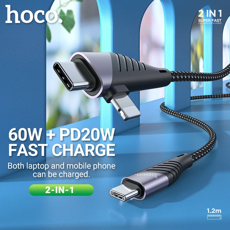

hoco charging cable 60W USB-C Type-C wire for Lightning PD 20W for iPhone iPad Samsung Xiaomi data sync fast charge cord 2-in-1