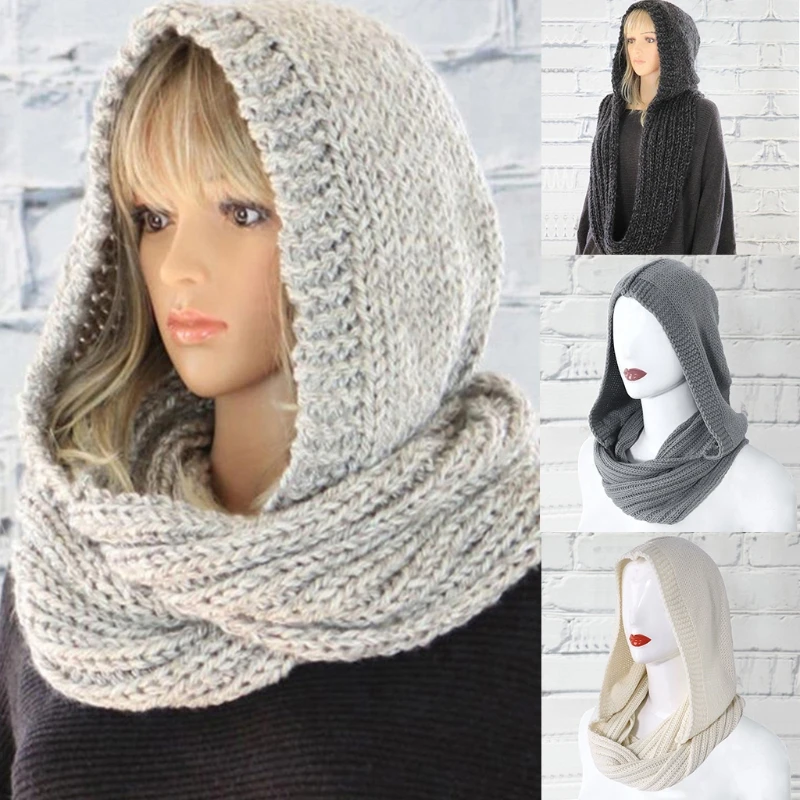 

Women Winter Knit Hood Infinity Scarf Windproof Shawl Wrap Earflap Neck Warmer