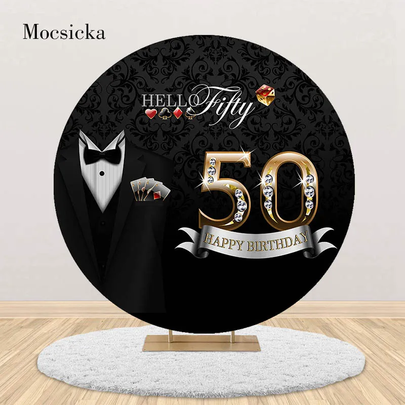

Mocsicka 50th Happy Birthday Photo Background Hello Fifty Men Gentleman Tuxedo Black Round Backdrop Cover Vinyl Photography Prop