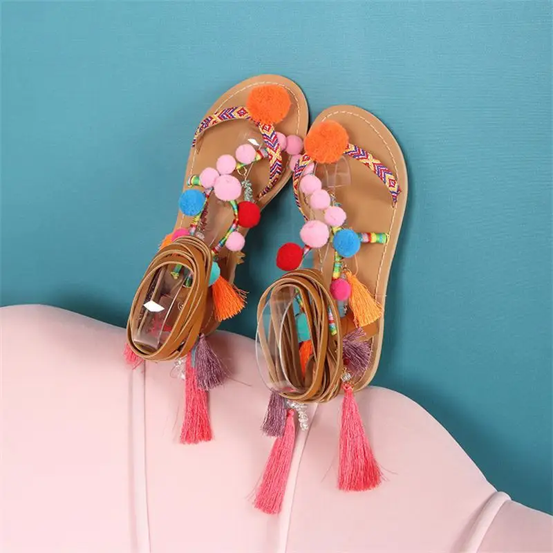 Новинка летний красочный меховой шар сандалии на плоской подошве с кисточками