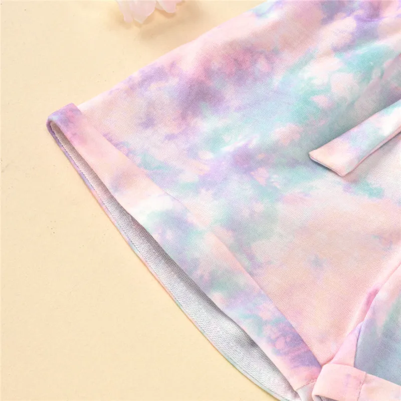

Girls Fashion Tie-Dyeing Print Shorts Toddler Kids Girl Elastic Waistband Rolled Bottoms Lace-up Shorts with Decorative Button