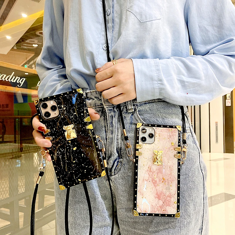 

Luxury Gold Foil Marble Lanyard Square Phone Case For Samsung Galaxy S8 S9 S10 Plus S20Ultra Granite Stone Strap Cord Soft Cover