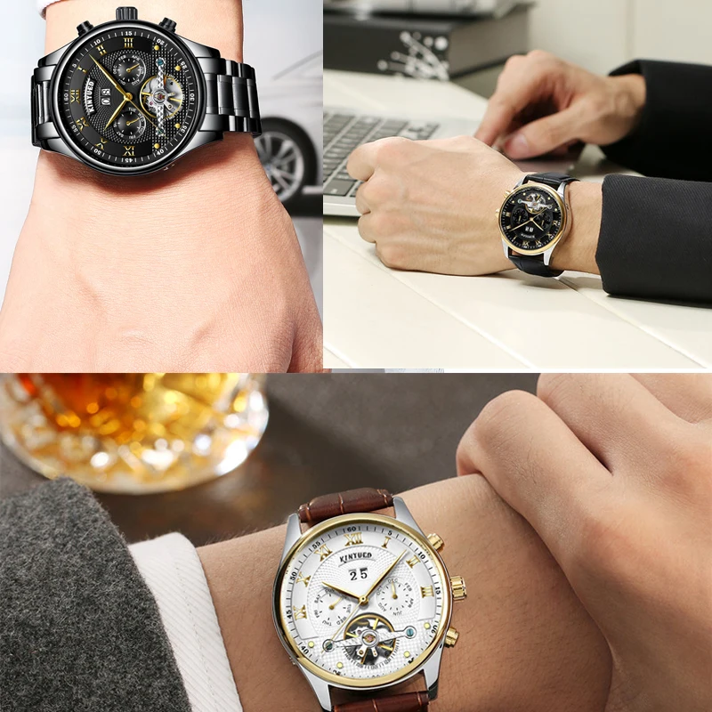 

KINYUED Mechanical Wristwatches Automatic Self-Wind Stainless Steel Waterproof Skeleton Watch Men Calendar Montres Homme