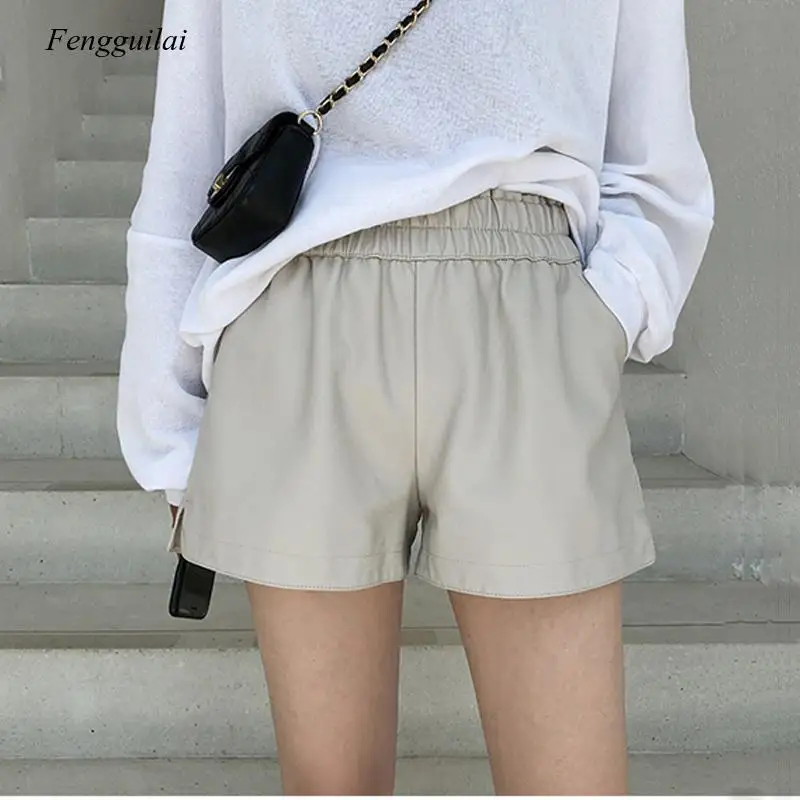 

Khaki Leather Shorts Women High Quality Wide Leg High Waist Shorts for Women Autumn Loose Pu Shorts 2021