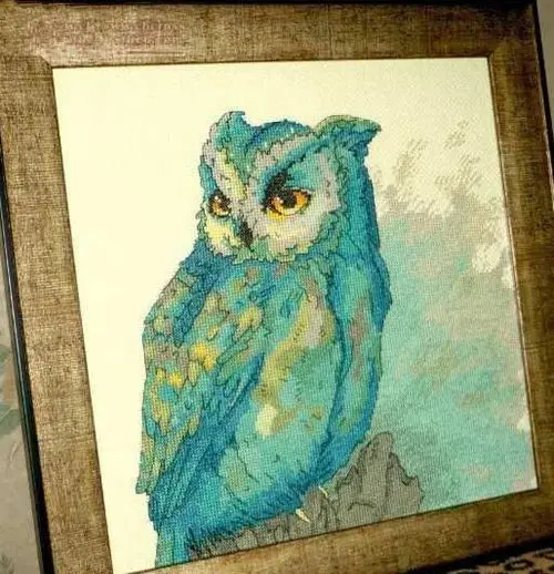 

MM Cross stitch kits Chic Counted Cross Stitch Kit Owl in Blue Green Color Glare Gaze Gazing Eye