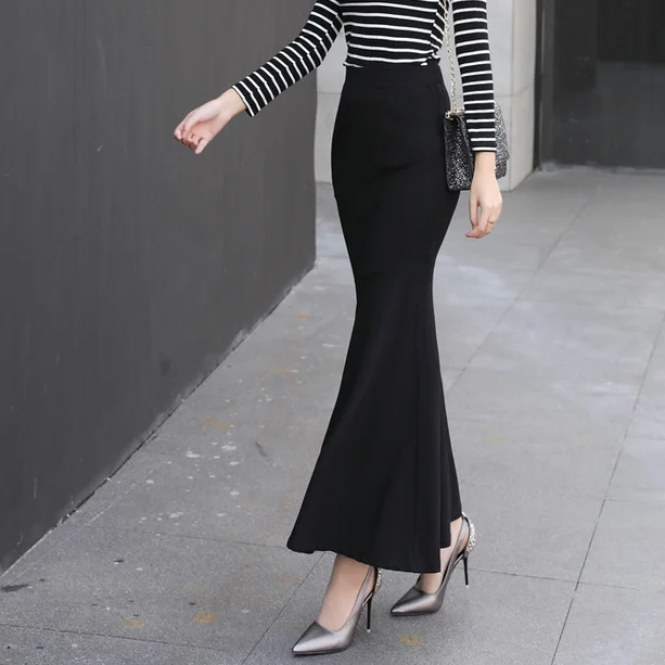 Женская длинная юбка-годе до щиколотки черная облегающая из эластичной ткани