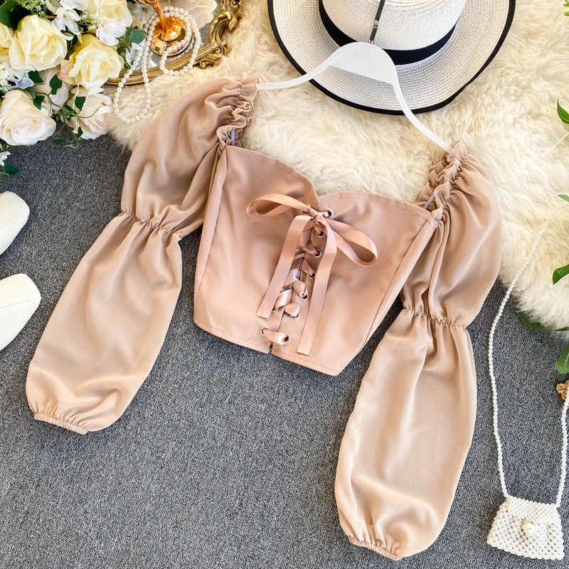 Блузка женская короткая с квадратным вырезом модная Повседневная рубашка