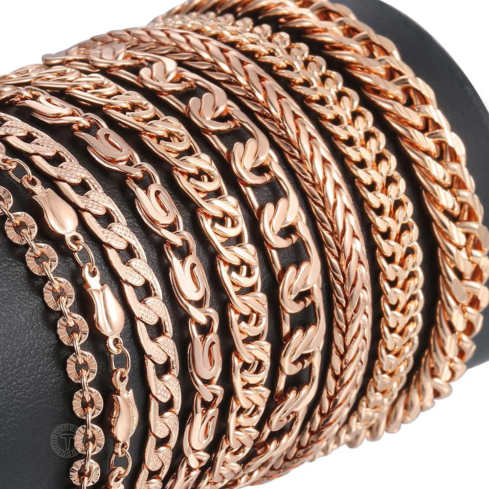 

Bracelets for Women Men 585 Rose Gold Copper Curb Cuban Snail Link Chain Bracelet On Hand Hot Party Jewelry Gifts 18cm-23cm GBB1
