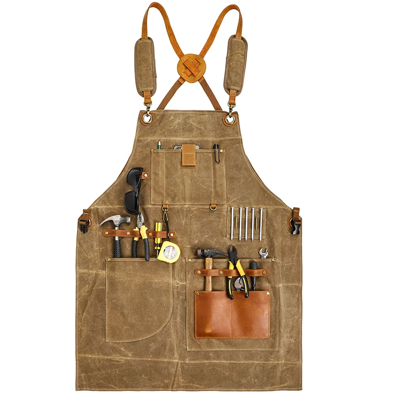 Durable Goods Heavy Duty Waxed Unisex Canvas Work Apron with Tool Pockets Cross-Back Straps Adjustable For Woodworking Painting