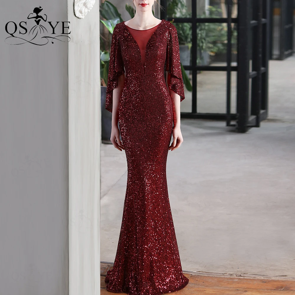 

Burgundy Evening Dresses Mermaid Short Sleeves Sexy V Neck Evening Gown Glitter Bat Sleeves Red Formal Party Dress Women