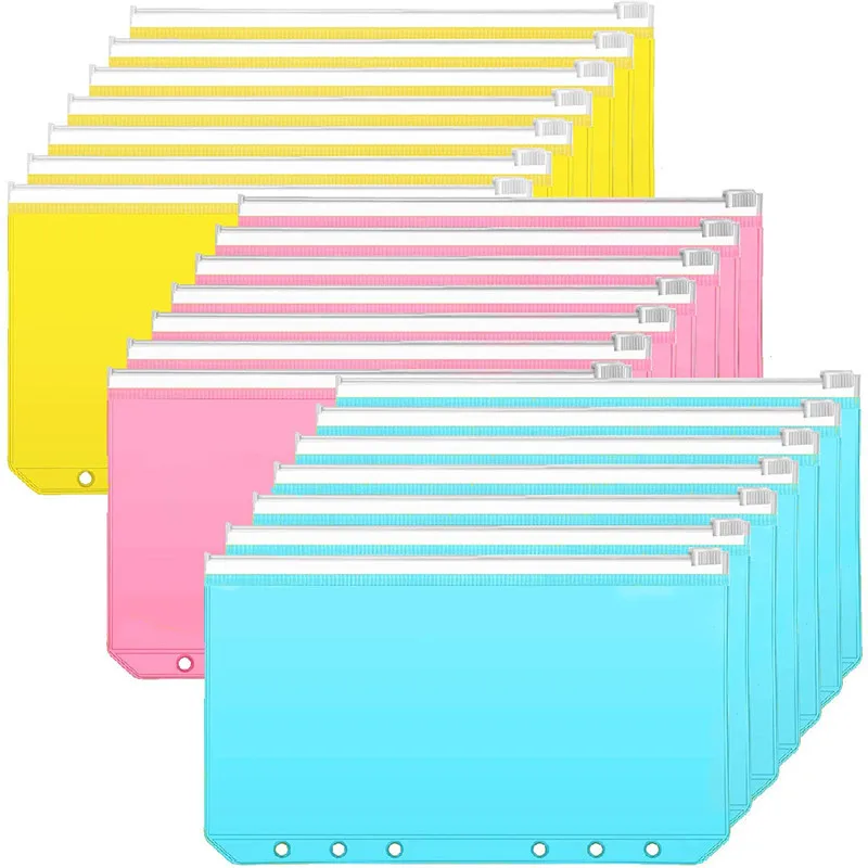 A6 Binder Pockets Zipper Convenient Clear Color PVC Folders 6-Ring Notebook Binder Files Reports Binder Bags Office Supplies
