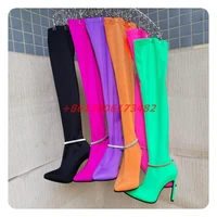 new woman over the knee silver metal anklet boot pointed toe stiletto thigh high boot woman colorful elastic tight stocking boot
