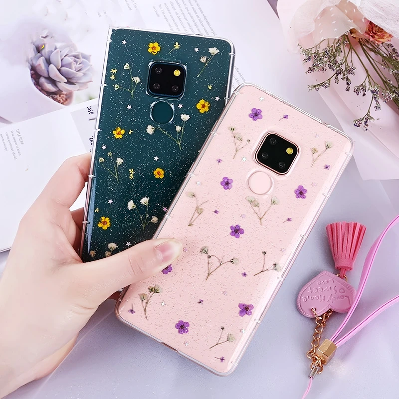 Phone Case For Huawei Mate 20 Pro Glitter Transparent Silicone 3D Real Dried Flowers Daisy Space Planet Star Cover 20X |