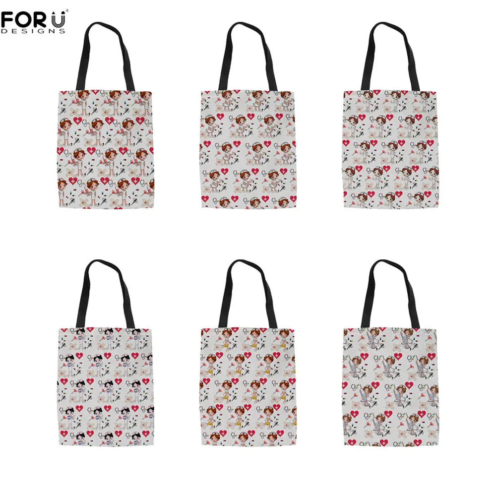 

FORUDESIGNS 2021 Fashionable Shoulder Hand Bag For Women's Lovely Nurse/Doctor Pattern Cloth Linen Shopping Reusable Bags