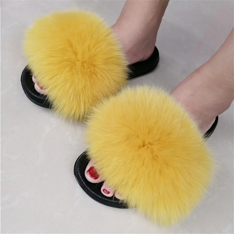 as pic shows 34 Women Fox Fur Slippers Real Fox Fur Slides Lovely Plush Slippers Woman Summer Home Sandals Women Fur Slides Furry Flip Flops Hot - Цвет: as pic shows 34