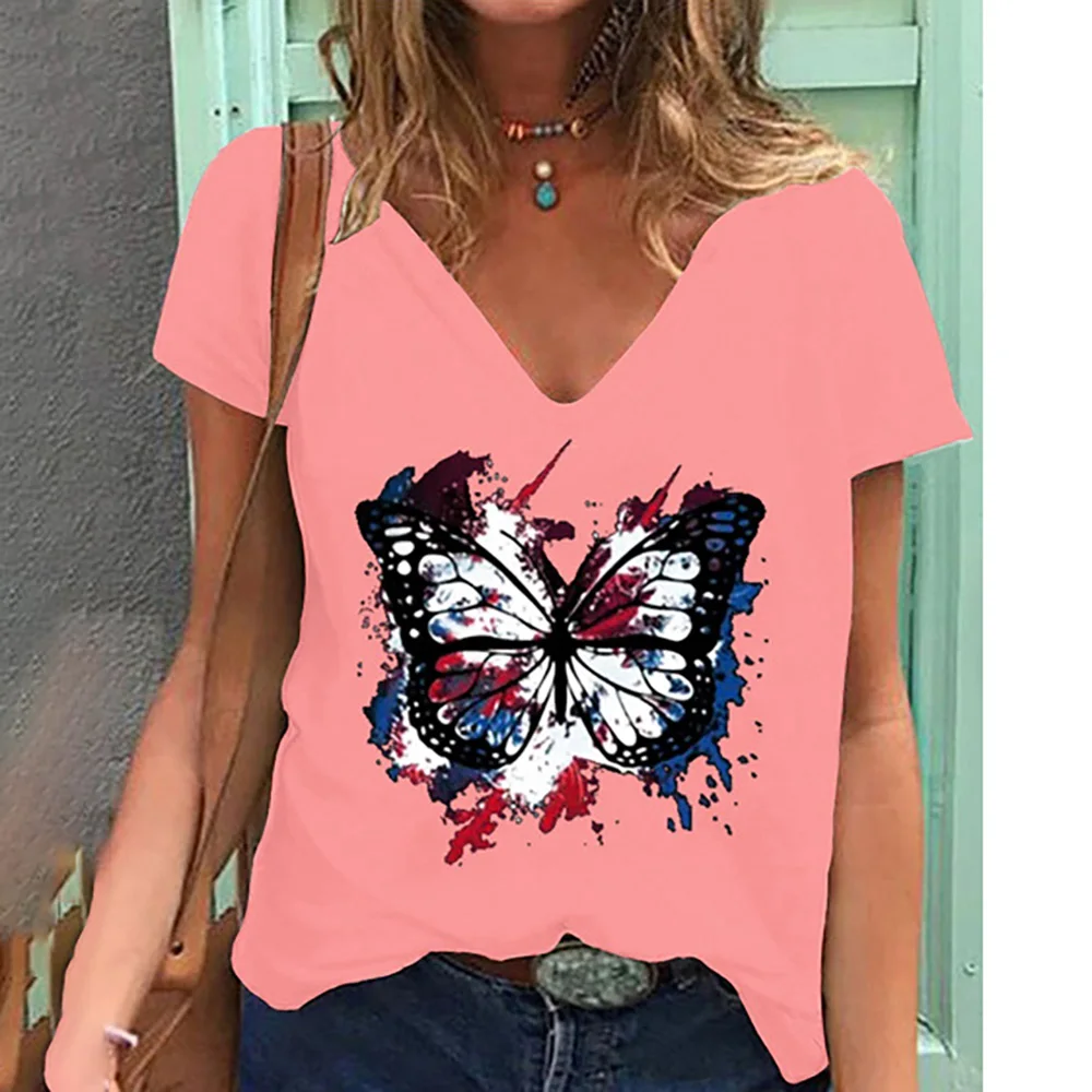 

Casual Summer Women T Shirt 2021 New Butterfly Pattern Printing Fashion V-neck Oversize All-match Blouse Free Shipping
