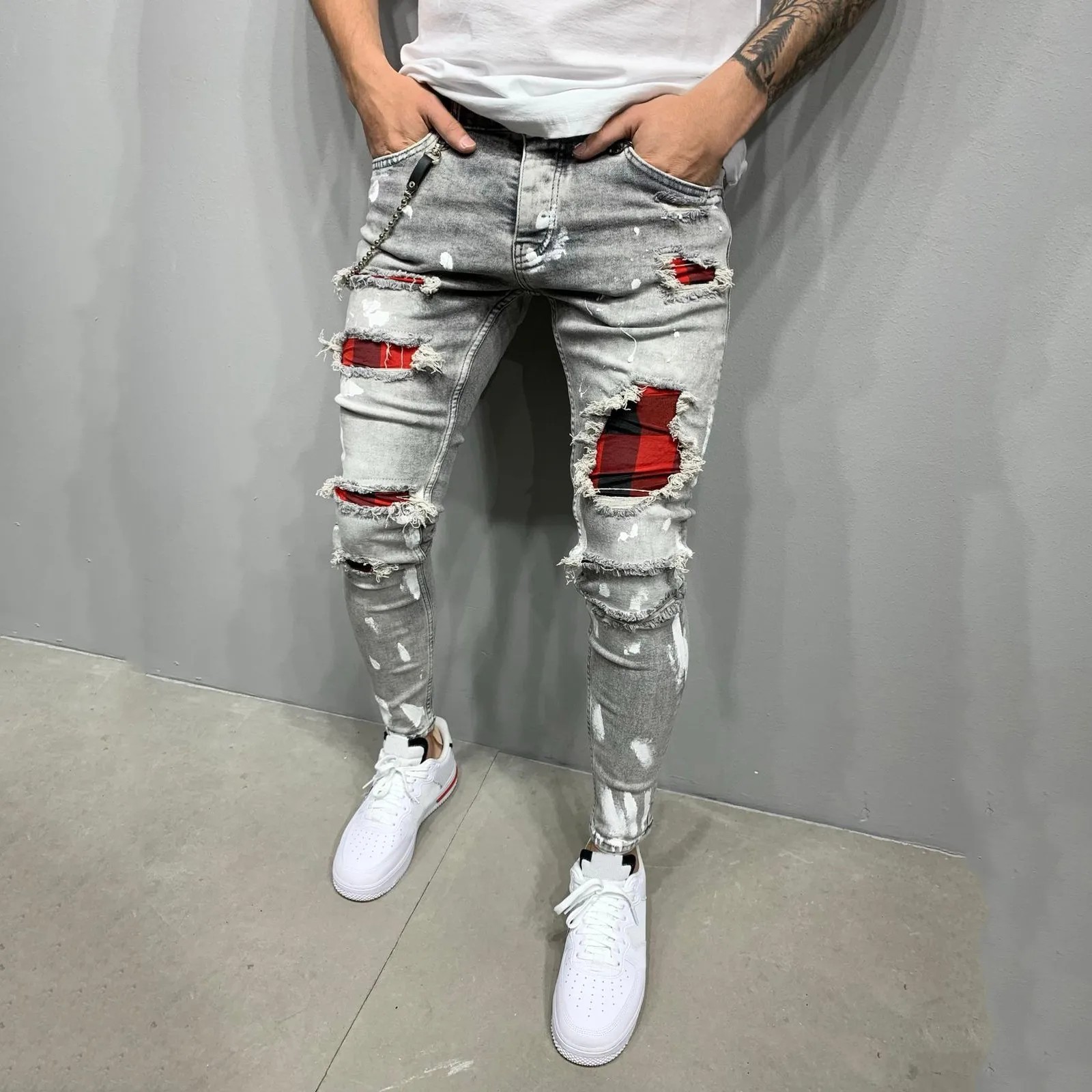 

Men's Quilted Embroidered Jeans Skinny Jeans Ripped Grid Stretch Denim Pants Elastic Waist Patchwork Jogging Denim Trousers R5