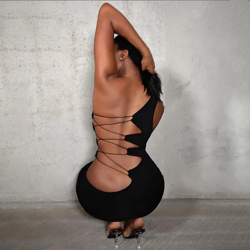 

Lace Up Dress One Shoulder Strap Bodycon Black Sexy Summer Casual Sundress Women's Clothes 2021 Elegant Sleeveless Party Dresses