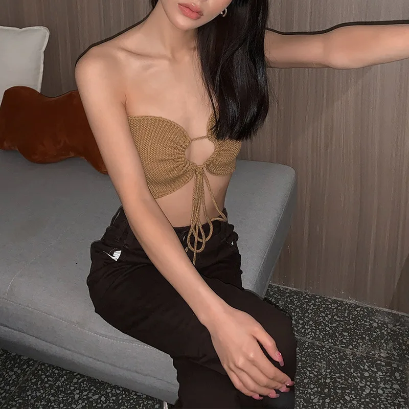 Cryptographic/летние вязаные сексуальные укороченные топы на бретельках для женщин без