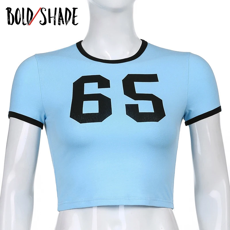 

Bold Shade Urban Style Women Crop Top Indie Aesthetic Letter Print Short Sleeve T-Shirts 90s Sporty Streetwear Fashion Slim Tee