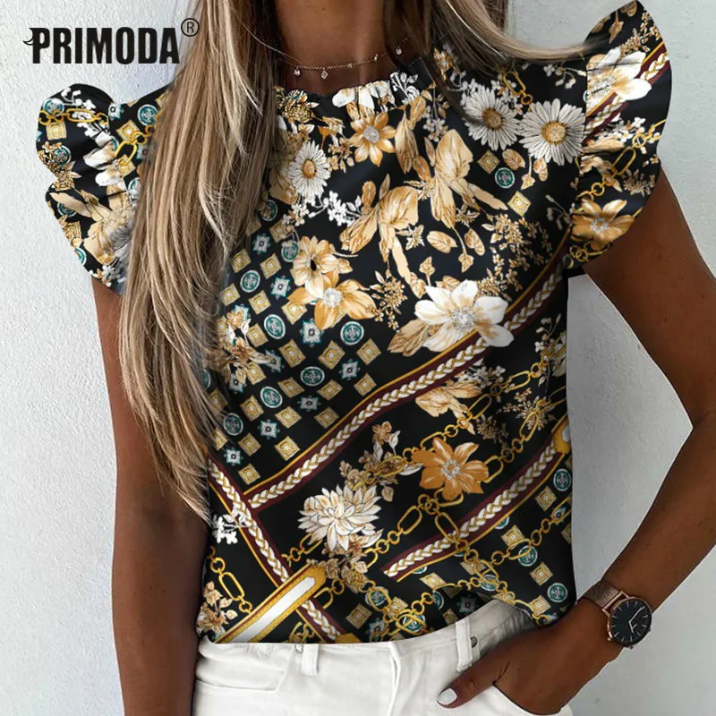 

3XL Plus Size Blouses Women Elegant Ruffle New Pineapple Print Shirts Lady 2020 Summer Short Butterfly Sleeve Sexy Tops PR1689G