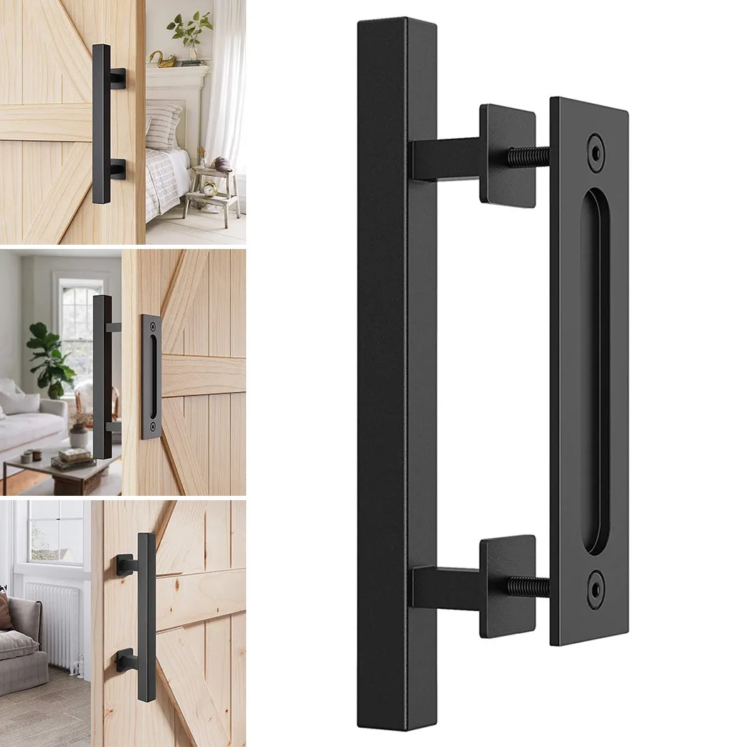 

12 In Square Pull And Flush Door Handles Set Black Barn Door Hardware Accessories For Gates Warehouse Sliding Barn Door