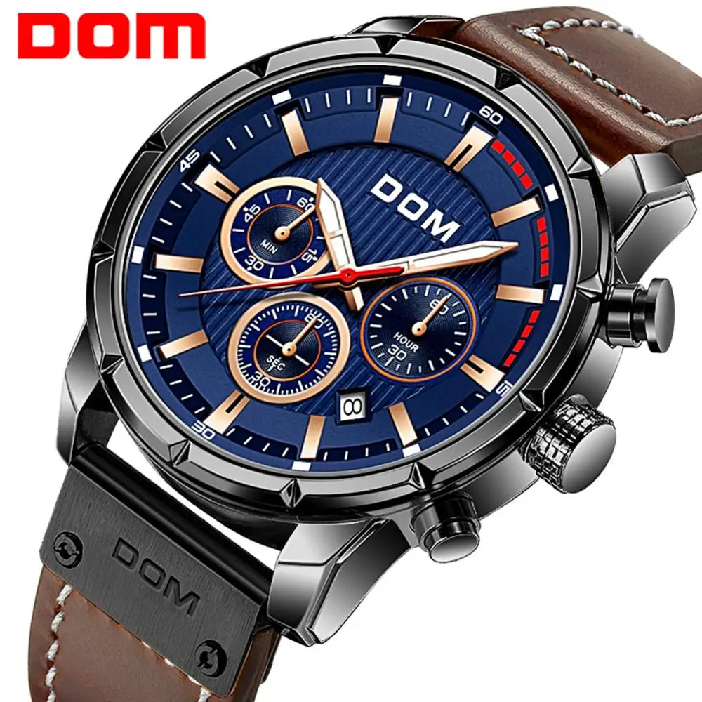 

Watch Men DOM Brand Sports Watches Sapphire Luminous Hands Waterproof Calendar Leather Strap Fashion Casual Quartz Clock M-1320