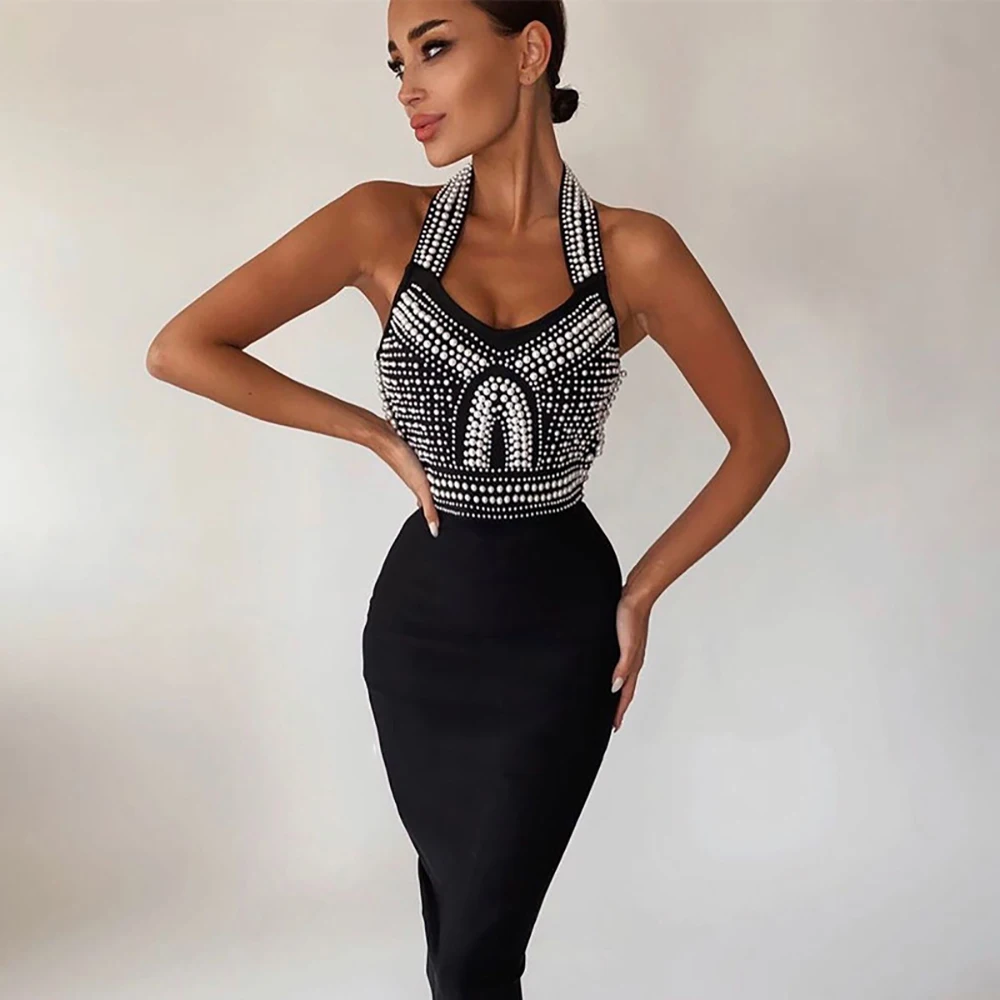 Rocwickline New Autumn & Winter Women's Dress Sexy & Club Patchwork Halter Spaghetti Strap Sheath Beading Diamonds Elegant Dress