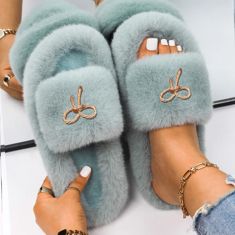 Fluffy Slippers Female Rope Bow Decor Faux Fur Slides Flip Flops Designer Fluffy Sandals Indoor Slippers Luxury Winter Shoes