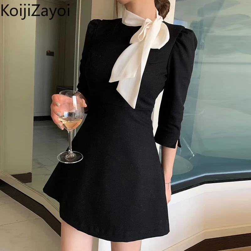 

Женское короткое платье с бантом Koijizayoi, черное модное облегающее мини-платье с рукавами средней длины для офиса и вечерние, летние платья в ...