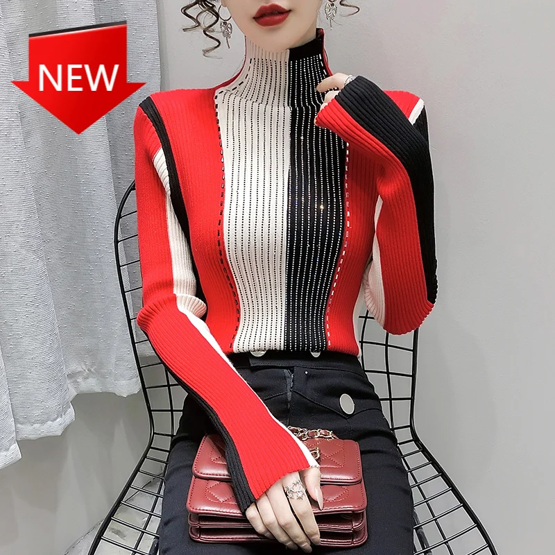 

g Backing Inside Take Outside Wear Cultivate Women Rainbow Striped Knitted Sweater Turtleneck New Winter Slim Splicin