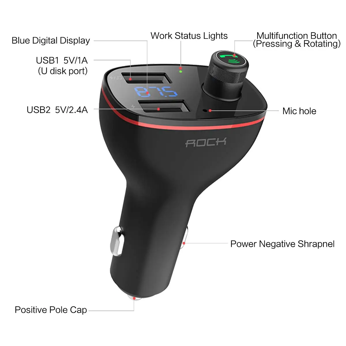 ROCK B300 Bluetooth Автомобильный fm-передатчик USB Автомобильное зарядное устройство цифровой алюминиевый сплав Быстрая зарядка мониторинг для телефонов