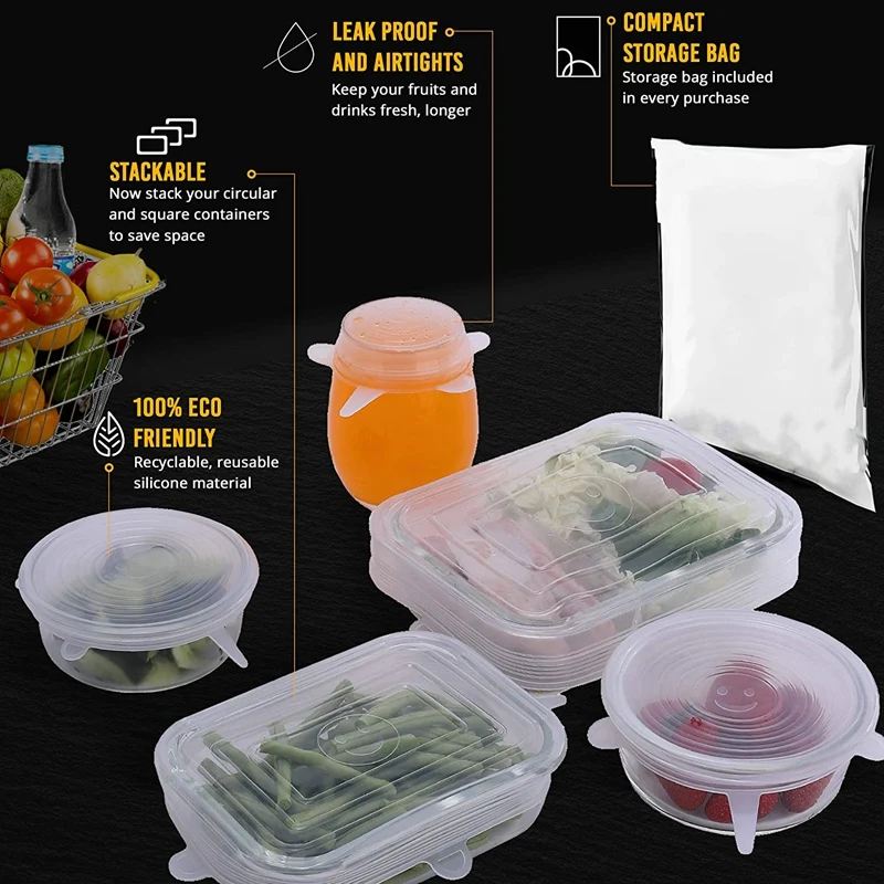 

12 Pack Silicone Stretch Lids BPA-Free Stretchable Round and Rectangle Food Covers to Fit All of Containers