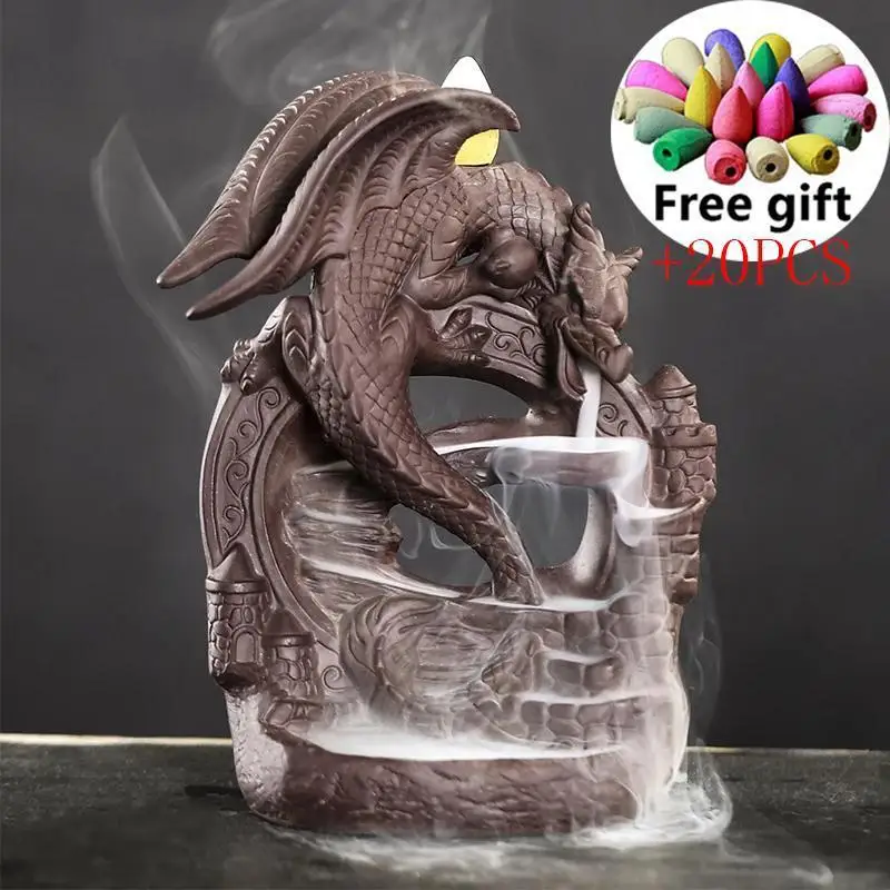 

20Cones Chinese Dragon Incense Burner Ceramic Waterfall LED Light Incense Cones Holder Aroma Censer With Acrylic Windproof Cover
