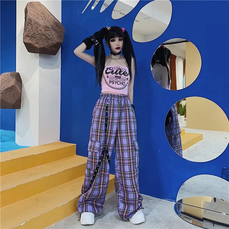 Y2K Cargo Pants Women Hippie Purple Plaid Pants Harajuku Streetwear Chain Checked Trousers High Waist Aesthetic