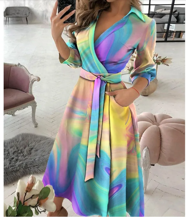 

Elegant Office Ladies Dress Lapel V-neck Tie-dye Print Women's Clothing Dress for Women Fashion Long Sleeve Plus Size Dress