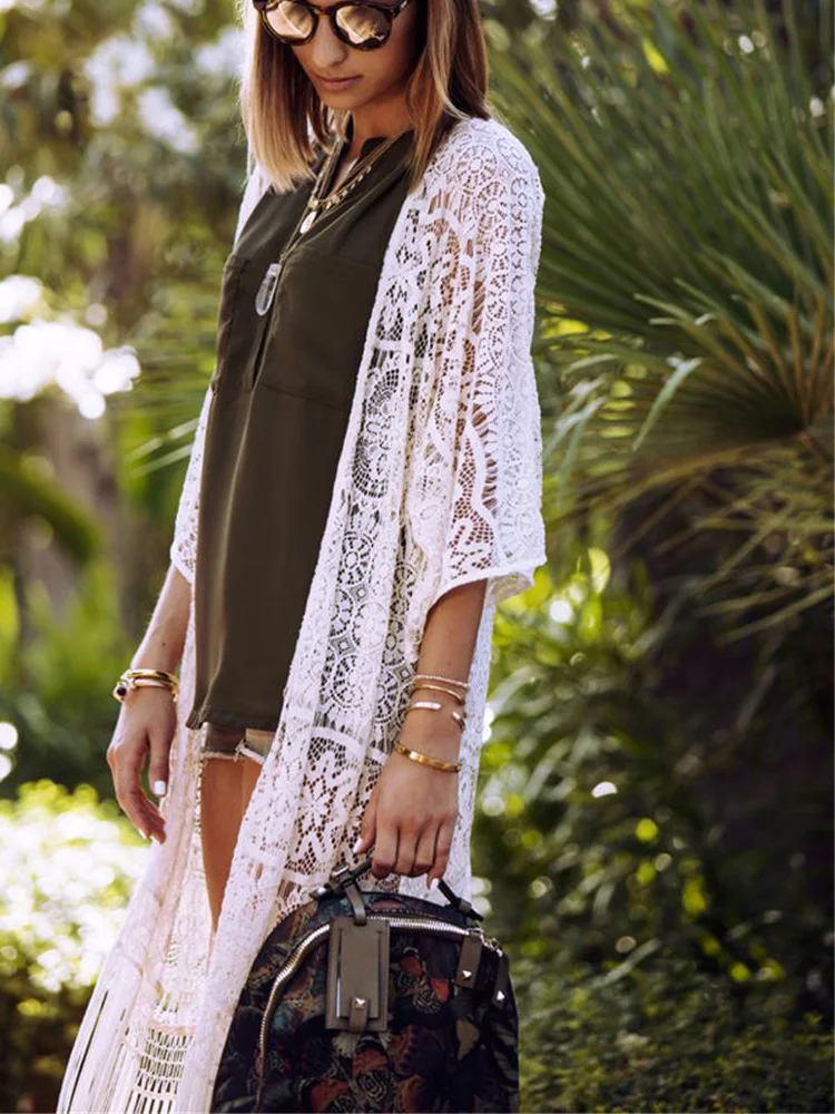 Белая кружевная накидка для пляжа 2019 г. новая с кисточками пляжная одежда бикини