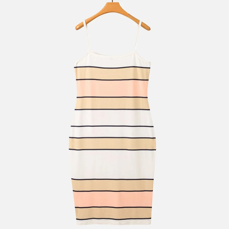 

2021 Women Summer Spaghetti Strap Sexy Stripe Bodycon Dress Vestidos Sleeveless Ladies Knee Length Dress Stretch Basic Dress