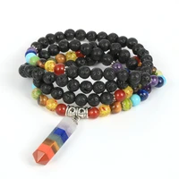 reiki healing colorful natural stone hexagonal bullet pendant necklace 108pc 6mm chakra beads long necklace for men women