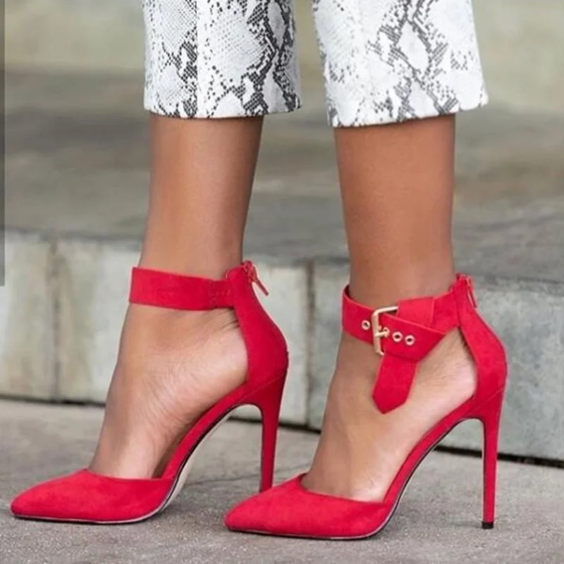 

New Arrivals Red Suede Buckle Strap High Heel Shoes Shallow Back Zipper Banquet Dress Shoes Size 42 Customized