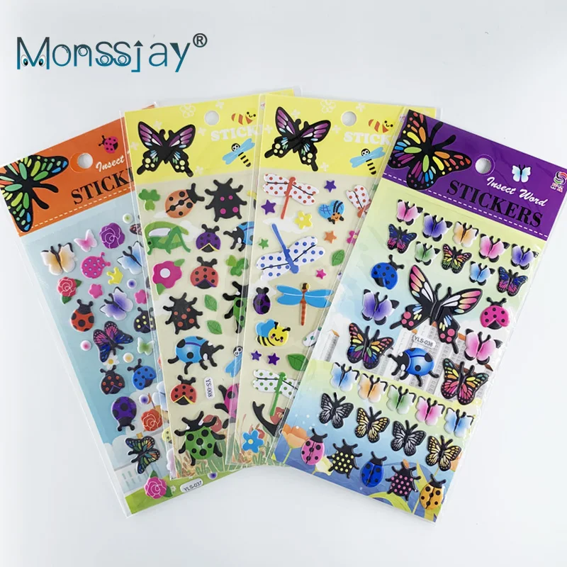 

4 Sheets/Set Cartoon Insect Butterfly Ladybug 3D Bubble PVC Stickers for Children DIY Scrapbook Sticker Toys Laptop Decoration