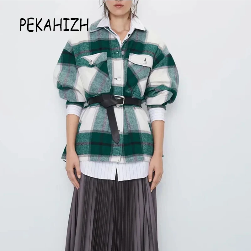 Женская клетчатая куртка зеленая Повседневная Свободная оверсайз с лацканами и