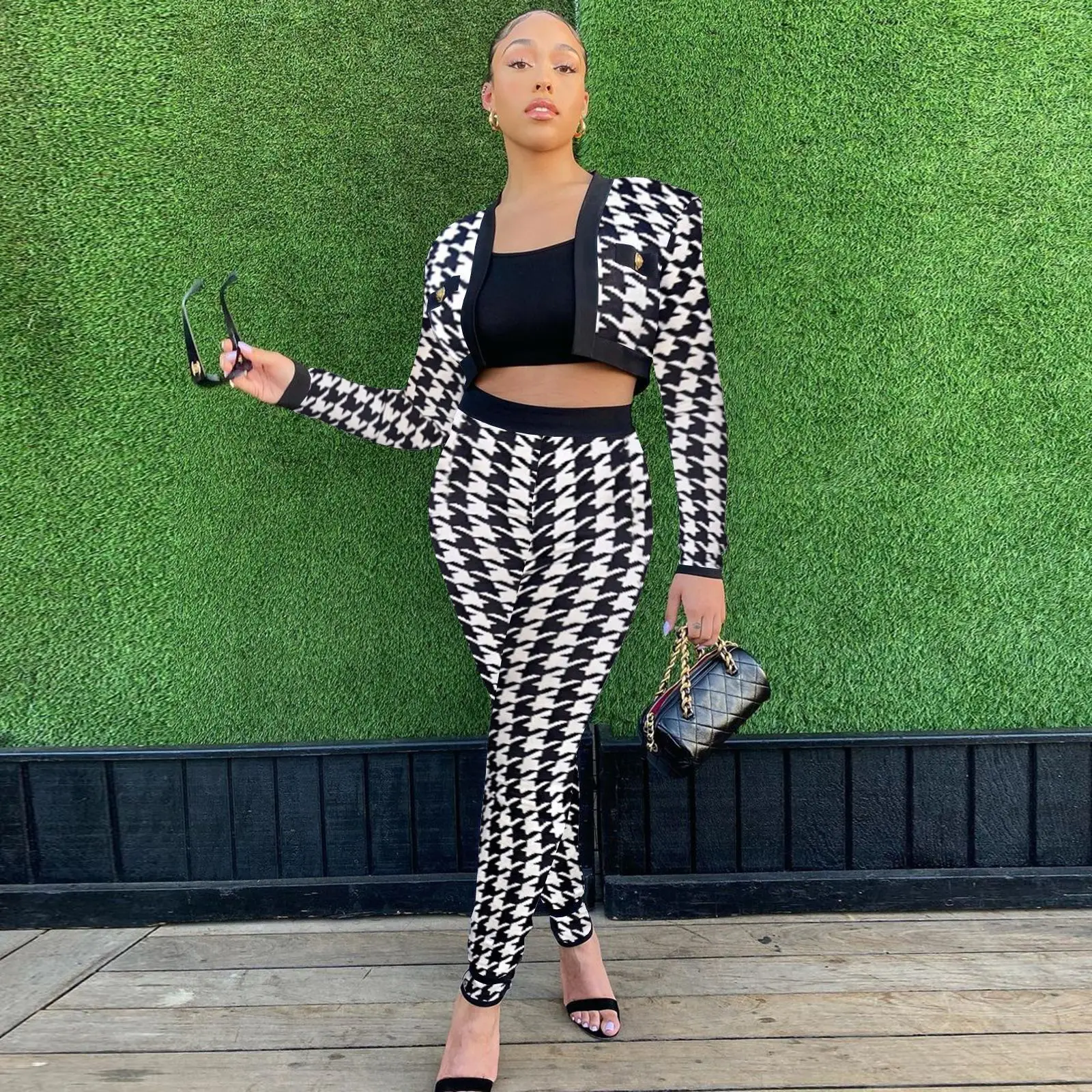 

Женский комплект из двух предметов, теплый укороченный пиджак с длинным рукавом и брюки-карандаш с леопардовым/твидовым принтом и высокой талией, Осень-зима 2021