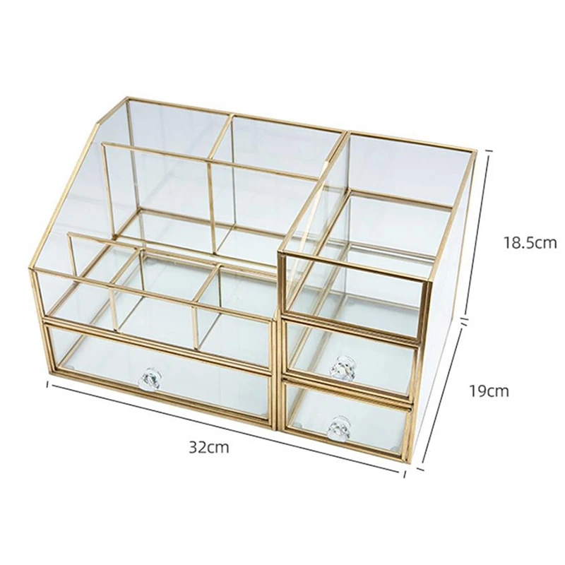 

Nordic Gold Grid Glass Flip Storage Case Drawer Type Dust-Proof Makeup Tools Desktop Container Beauty Glass Storage Box