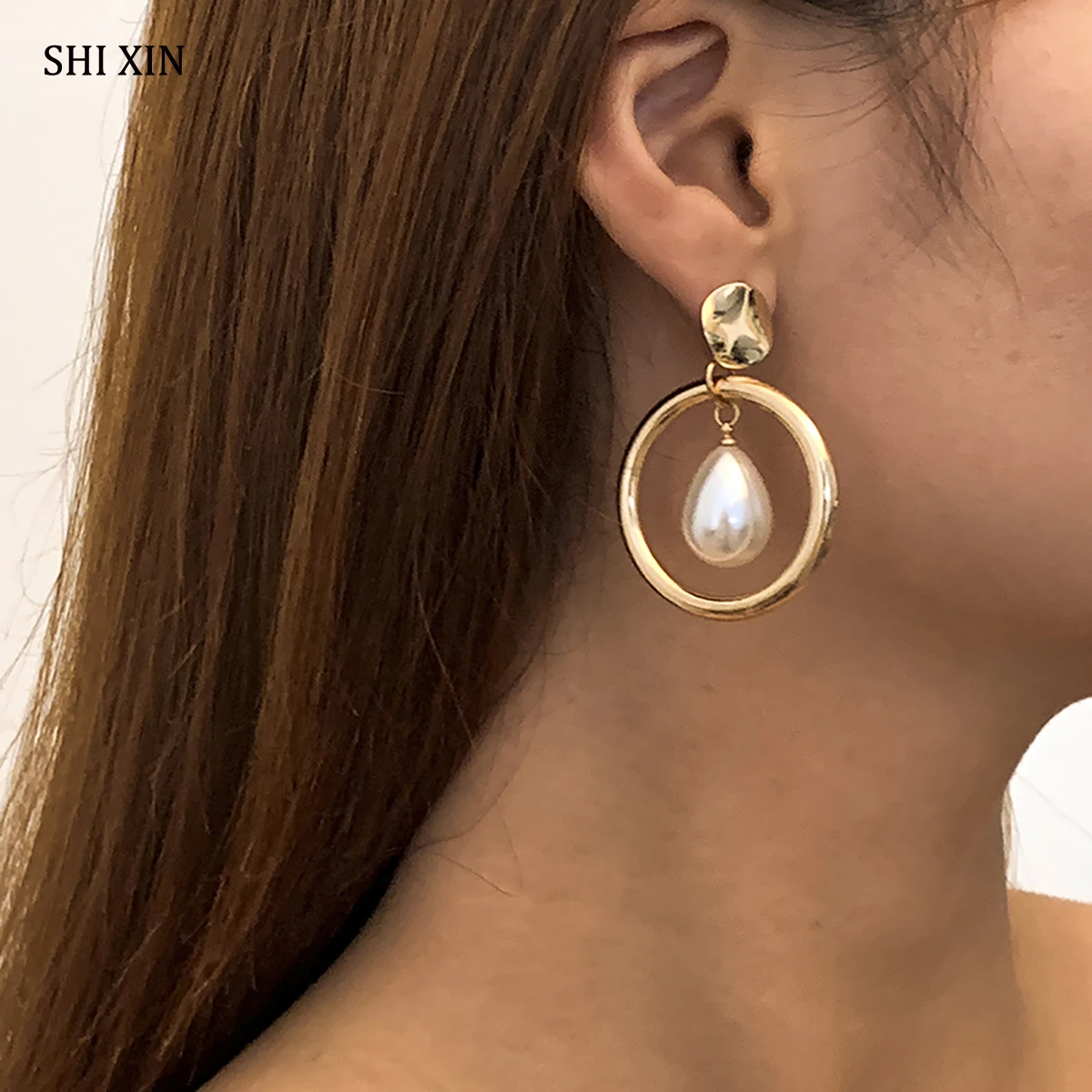 

SHIXIN Big Circle with Pearl Pendant Drop Earrings for Women Trendy Korean Fashion Girls Dangle Earrings Jewelry 2021 Lady Gifts